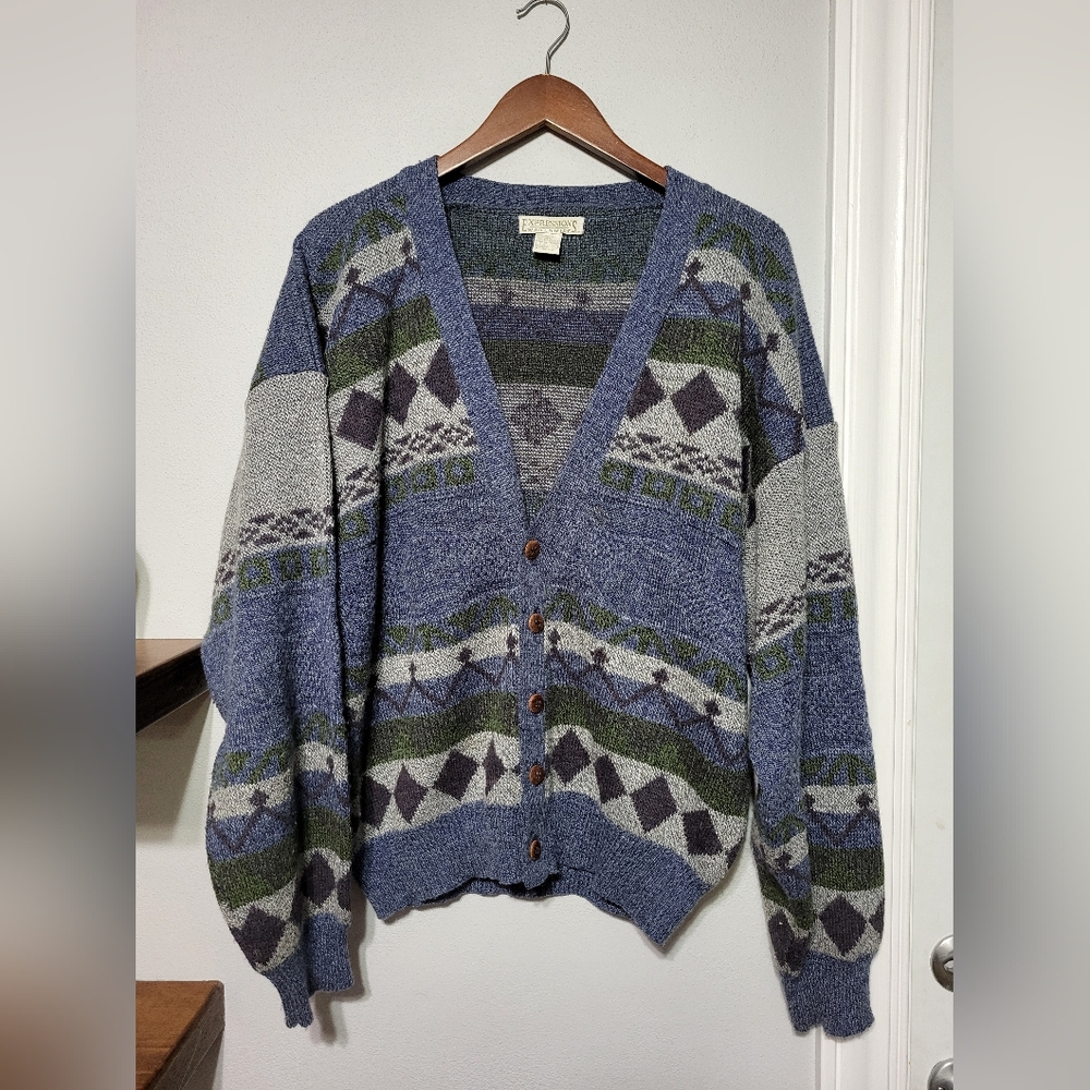 Vintage Expressions Worldwide 90s Geometric Retro Cardigan Sweater Men's Large